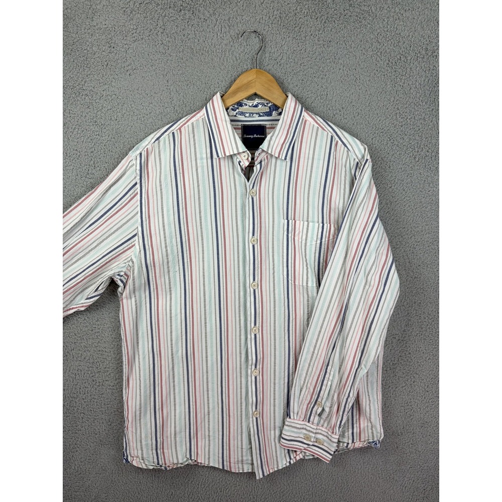 Tommy Bahama Shirt Mens Large White Stripe Button Front Long Sleeve Casual Mens